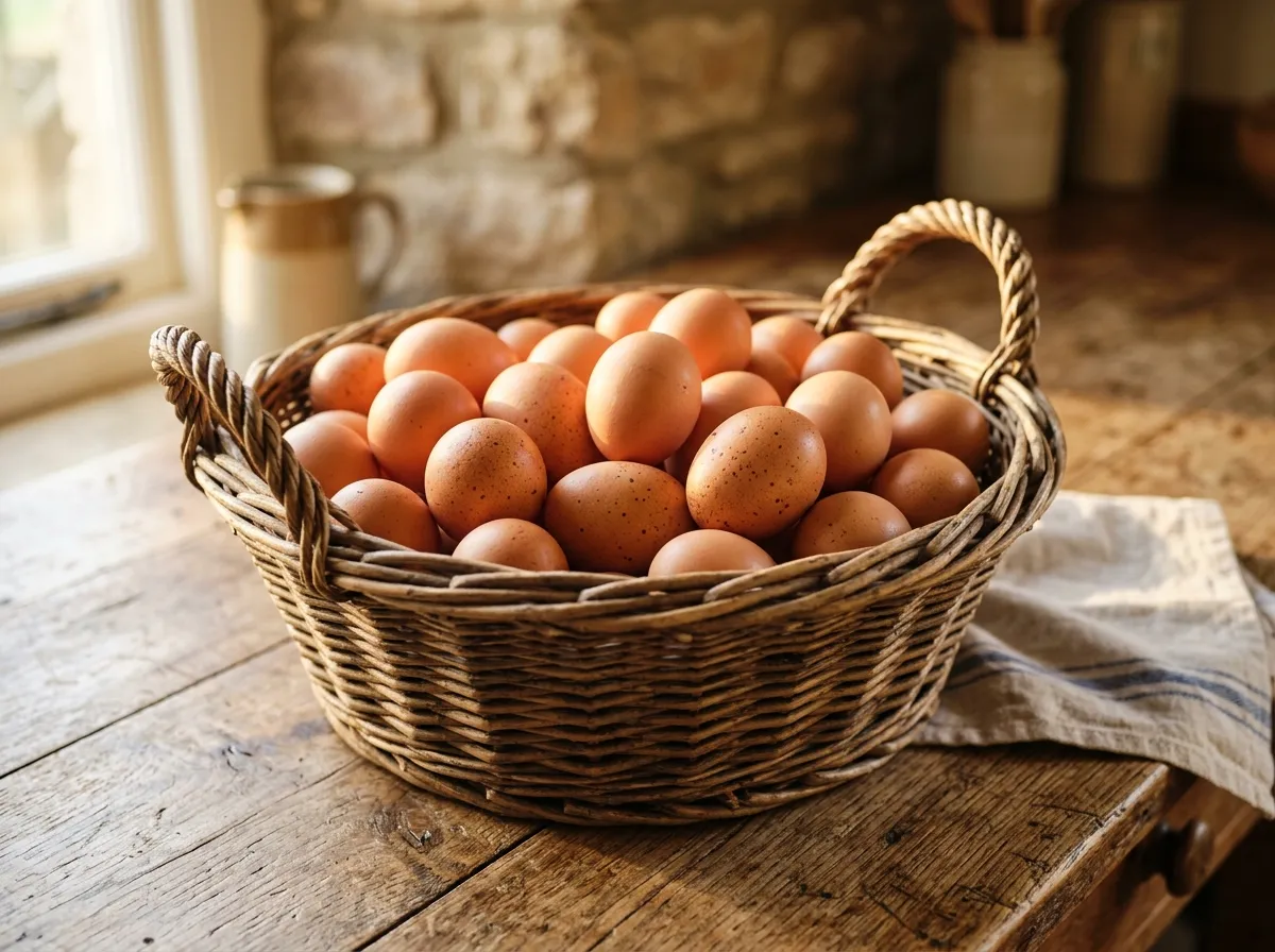 Canasto de mimbre rebosante de huevos orgánicos de cáscara marrón
