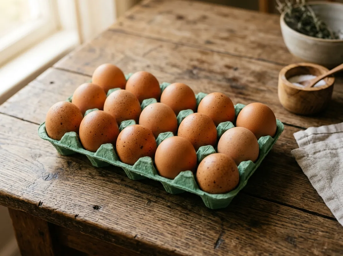 Cartón de 15 huevos orgánicos de cáscara marrón, visto desde arriba sobre una mesa de madera